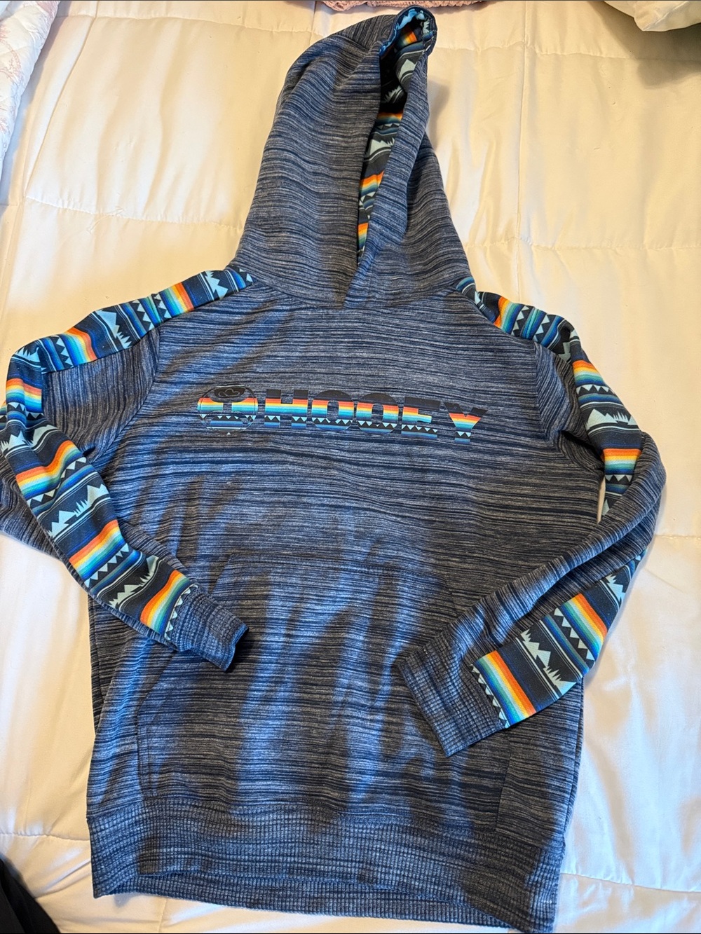 Hooey Heathered Blue Hoodie with Rainbow Southwestern Trim